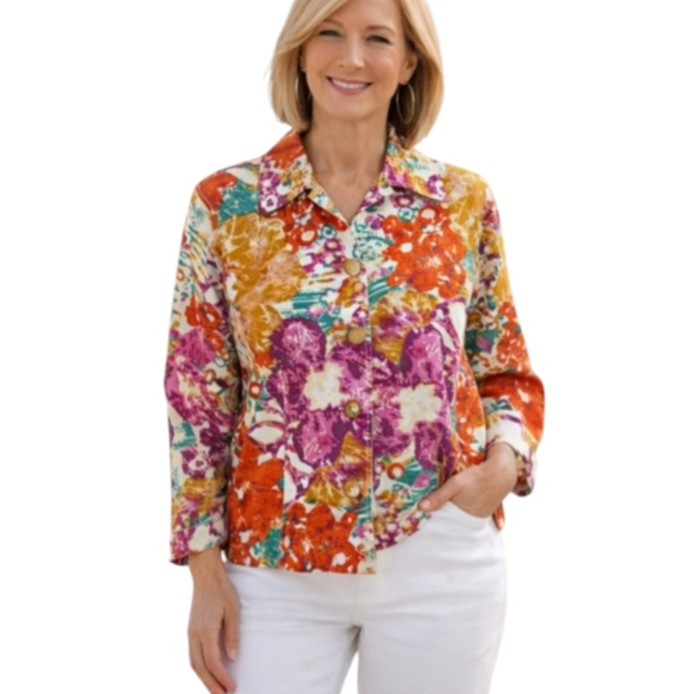 Cottagecore Cotton Colorful Floral Shacket. Button Front Coldwater Creek Sz PL